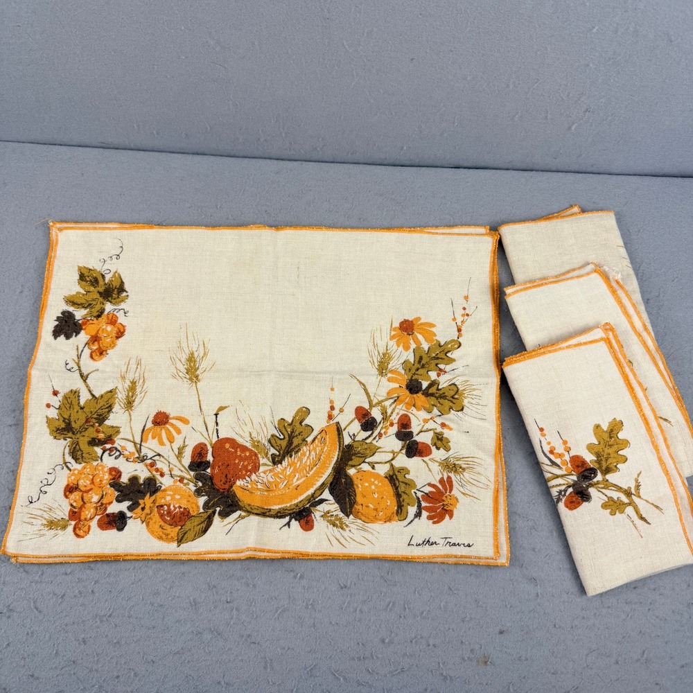 7pc Vtg Signed Luther Travis Fall Harvest Linen Set 4 Placemats 3 Napkins Wheat